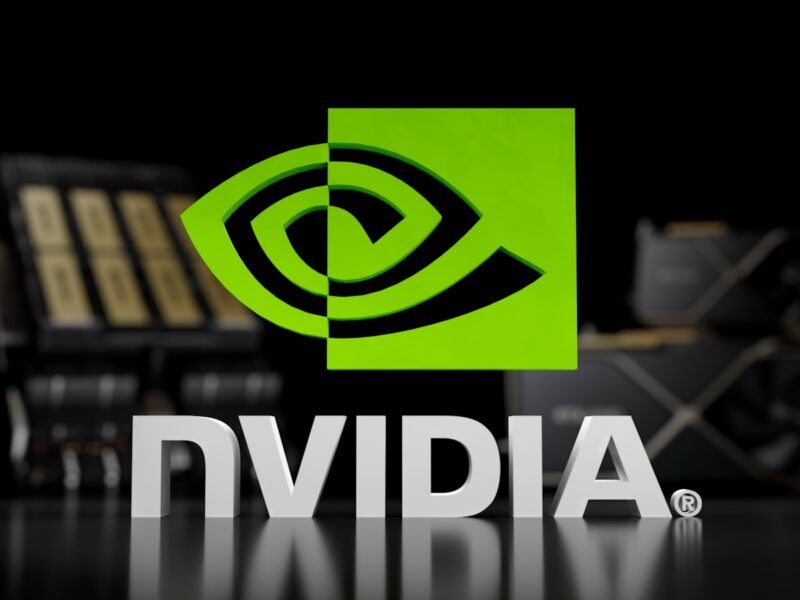 AI-generated illustration of a semiconductor fabrication facility at night, with stock market data reflected on glass walls, representing Nvidia's influence on global financial markets